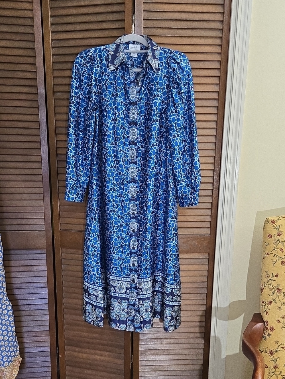 Nicole Miller Blue Printed Button-Down Midi Dress